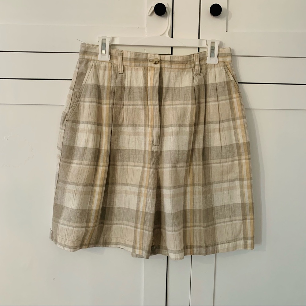 Vintage 90’s Basic Editions Linen Cream Gray Plaid High Rise Rare Pleated Short